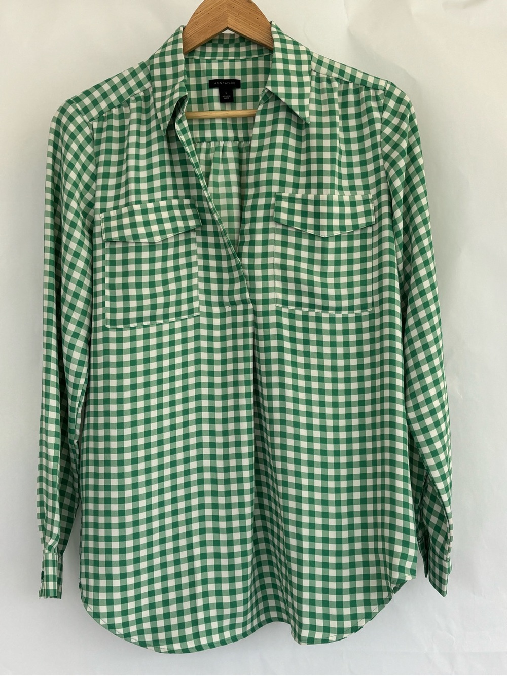 Ann Taylor, Green and White Gingham Shirt, small, long -sleeve blouse